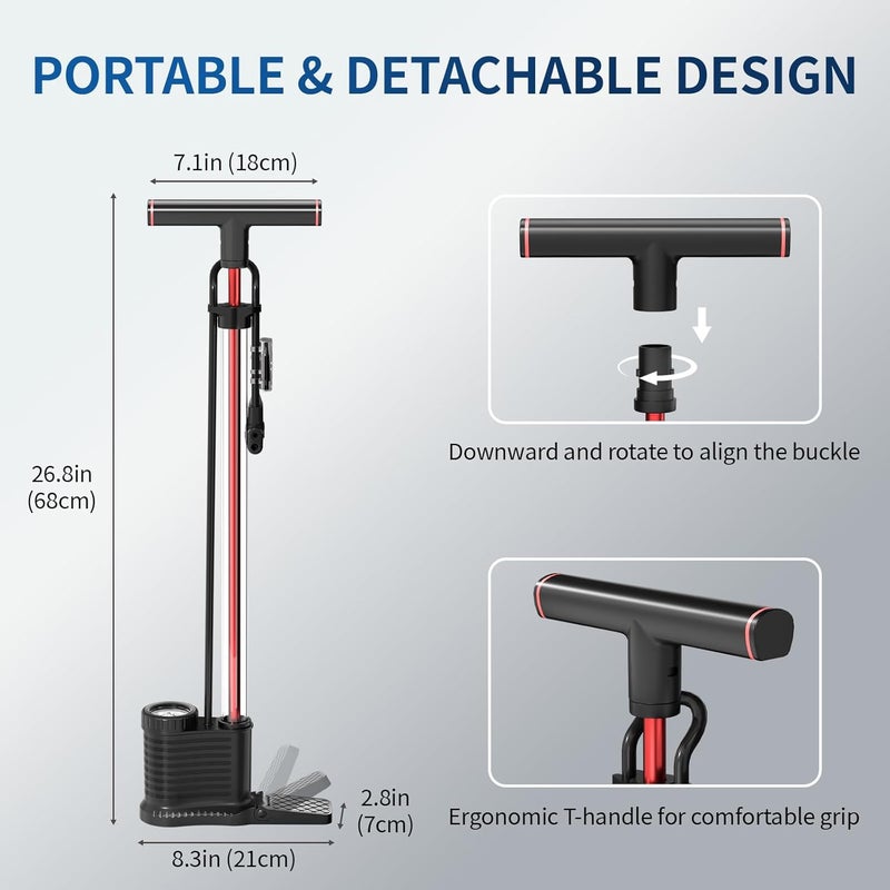 Veltuno Bike Pump with Transparent Cylinder & Precision Gauge, 160 PSI Bicycle Tire Pump for Presta & Schrader Valves - Fast, Effortless Bike Floor Pump for Car, Bike, E-Bike, Ball, Balloon - Image 2